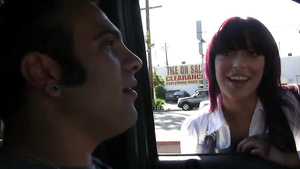 Kinky lad gets cock sucked by hot brunette hitchhiker