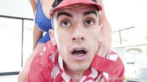 A big-breasted blond MILF is fucking young guy with big cock