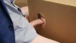Bride to be sucking dick through shipping box hole