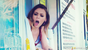 Hot teen Alex Blake doggystyled in hot dog stand in the centre of city