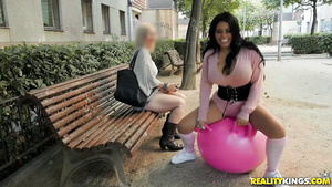 Well-hung dude fucks chubby black babe on exercise ball