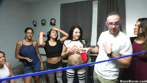 Hot girlfriends are rubbing shaved pussy on big dick and face