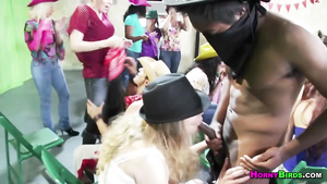 Group of mad horny cowgirls suck off male strippers