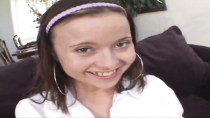 Dark haired schoolgirl rides long dick and gets creampied