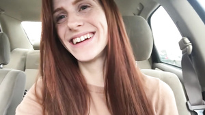 Ginger amateur girl masturbates in the car