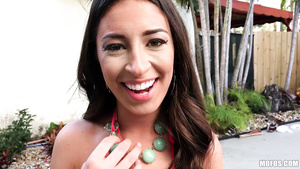 Cute brunette in pink dress gives dude a deep blowjob