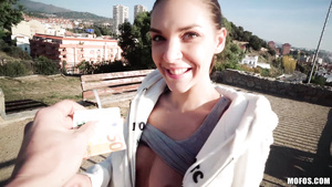 Strong dude gives petite babe a twisted fuck outdoors