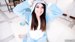 Cutie in fluffy pajamas blows cock before and after sex