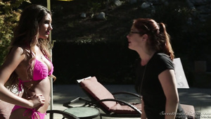 Pool side pussy eating with 2 horny lesbians Penny Pax and August