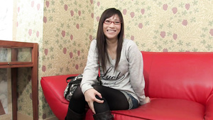 Small tits geeky Aian chick in glasses getting naked on a camera