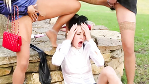 Kinky lesbian MILFs outdoor pissing porn