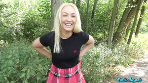 Blonde schoolgirl Amber Deen enjoy doggy fuck outdoors
