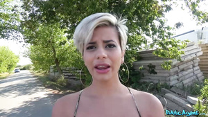 Blonde short-haired babe Amaranta Hank gets banged in the field