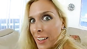 Blonde hottie teases man with giant boobs when riding cock