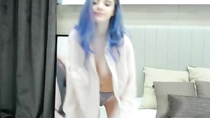 blue haired girl having fun playing with her boobies