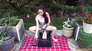 teenager tries her sybian dildo outdoors and squirts