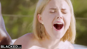 Outdoor interracial copulation with petite white teen