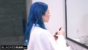 Blue-haired stunner makes out with black stud
