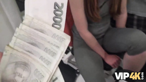 VIP4k. Teenager whore is hypnotized by banknotes so why spreads legs - low quality