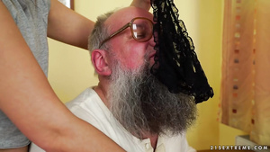 Long-bearded grandpa wanna eat teen pussy