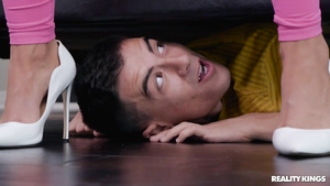 Dude hides under the bed to surprise hottie with his cock