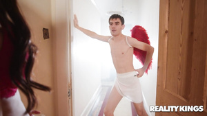 Brunette in red lingerie opens pussy and mouth for her lover