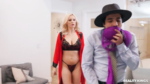 Glam blonde in sexy lingerie gets a doggy fuck in her bed