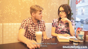 Nerdy brunette gets her glasses covered with sperm