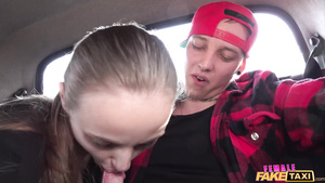 A teenager gets a blowjob and fucks a horny female taxi driver