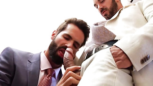 Two suited gay hunks sodomy scene