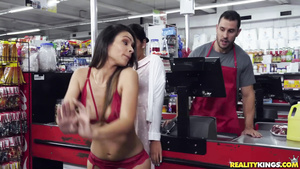 Frisky latina in red lingerie gets screwed in the grocery store
