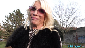 Glamorous blonde mature in black stockings screwed in public