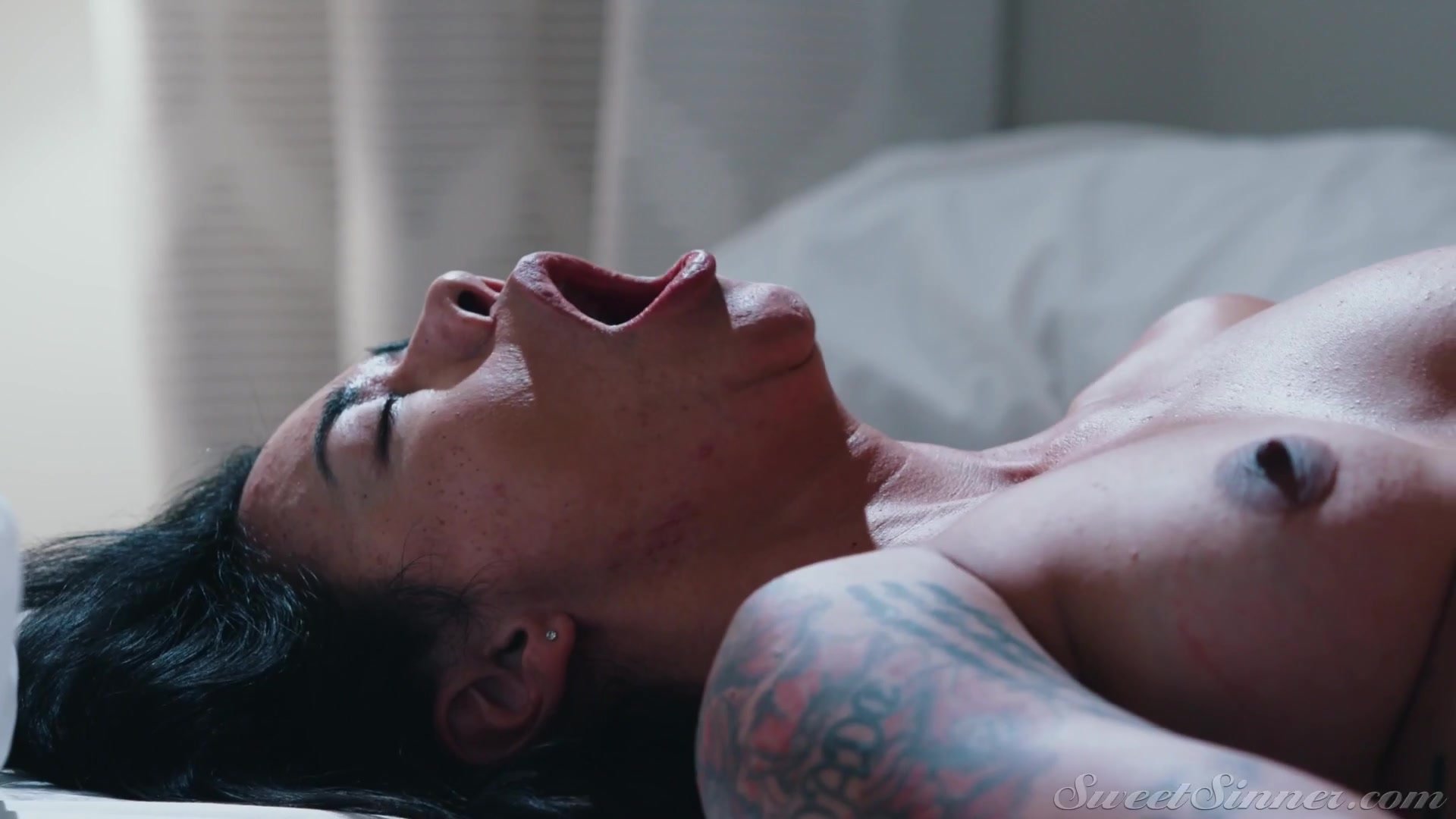 Raven-haired bitch with tattoos rewards her lover with a hot blowjob before...