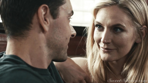 Frisky blonde MILF with natural tits pleasuring Ryan on the couch