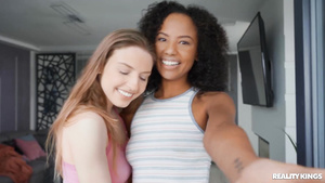 Romy Indy and Jayla De Angelis pleasuring horny dude on the couch