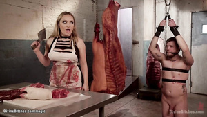 Meat delivery man bound and pegged