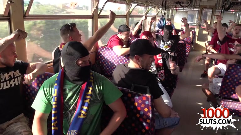 Exciting public porn gangbang orgy on football fan bus