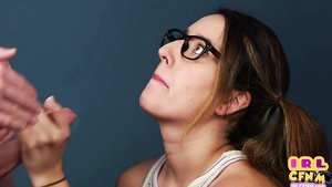 CFNM amateur sex chick with glasses sucks and tugging coc
