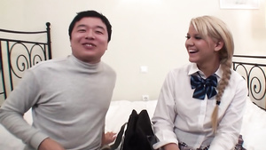 Asian men pleasures fucking young blonde chick in mouth and pussy