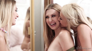 Hot tongues caress three lesbian pussies in one bed