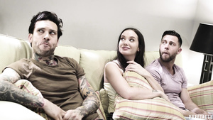 Hot threesome for tattooed bitch who enjoys taking two big dicks