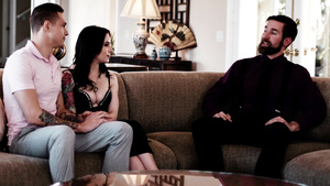 Full-bosomed gold digger fucks BF and stepdad