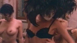 Sexy blonde in mask and stockings serves a black dude