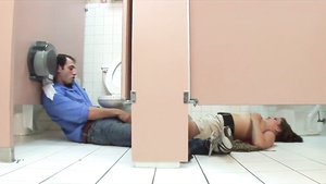Dude fucks a pussy through lacy pantyhose on a toilet floor