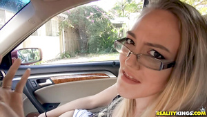 A glass-eyed blonde enjoys having sex with good-looking strangers