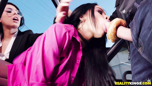 Excited trio makes threesome sex in the car outdoors